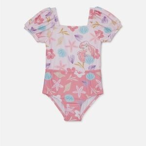 Girls Disney Princess Ariel Little Mermaid One Piece Puff Sleeve Swimsuit